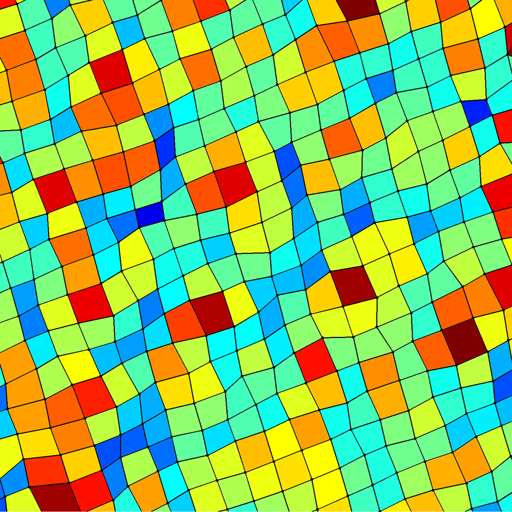 This image illustrates the changes in area of unit cells in an atomically resolved image. Warm colors are an increase in area, and cool colors are a decrease.